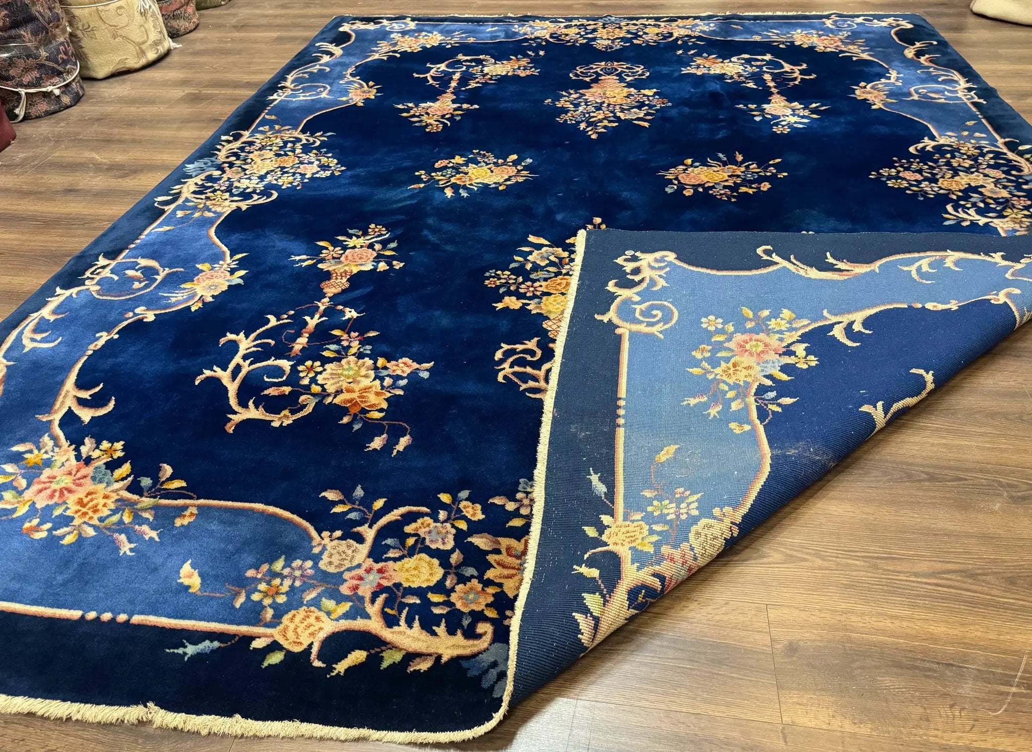 Blue Chinese Art Deco Rug 9x12, Vintage Antique Chinese Wool Rug, Chinese Fette Rug by Jewel Rugs