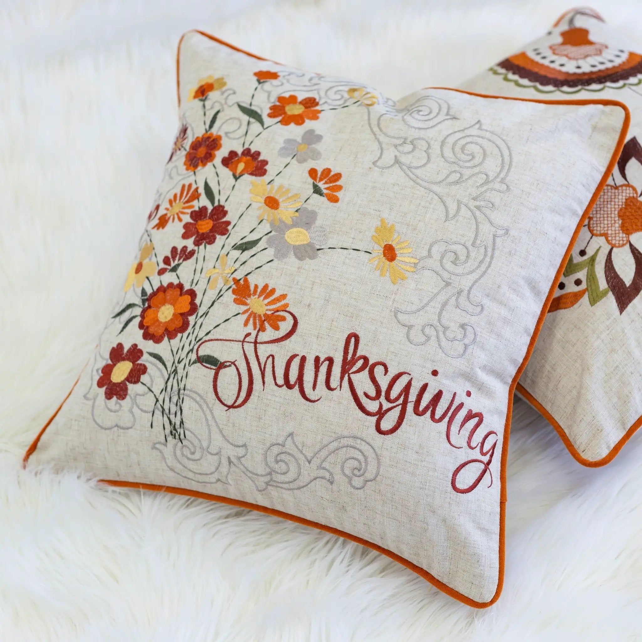 Thanksgiving Embroidered Floral Throw Pillow – Autumn Harvest Accent Cushion Set of 2 by HouseOfZazla