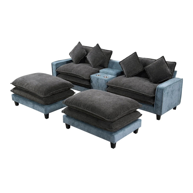 Sectional Sofa With Removable Ottomans, USB Ports, Cup Holders & Storage - Gray / Light Blue by HouseOfZazla