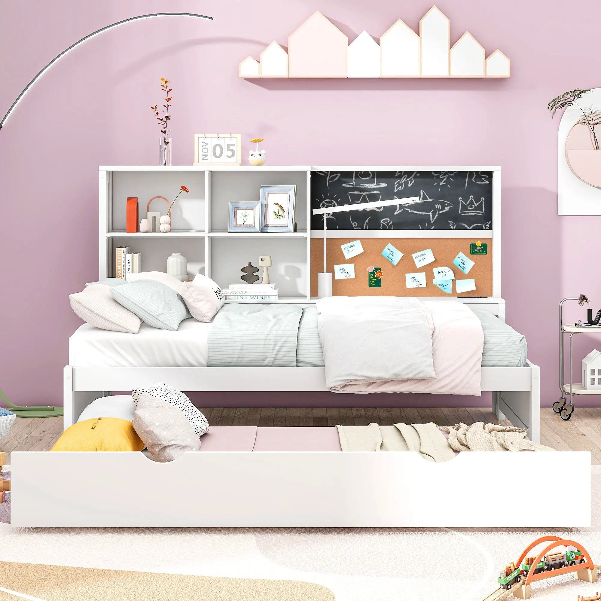 Twin Size Daybed With Storage Shelvesboard, Cork Board, USB Ports And Trundle - White by HouseOfZazla