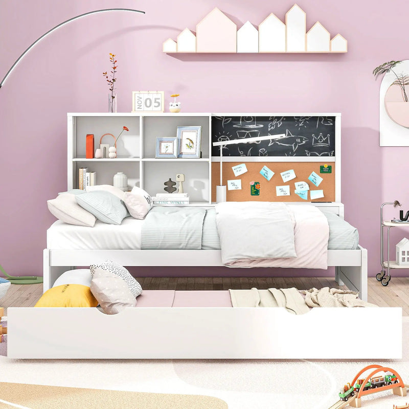 Twin Size Daybed With Storage Shelvesboard, Cork Board, USB Ports And Trundle - White by HouseOfZazla