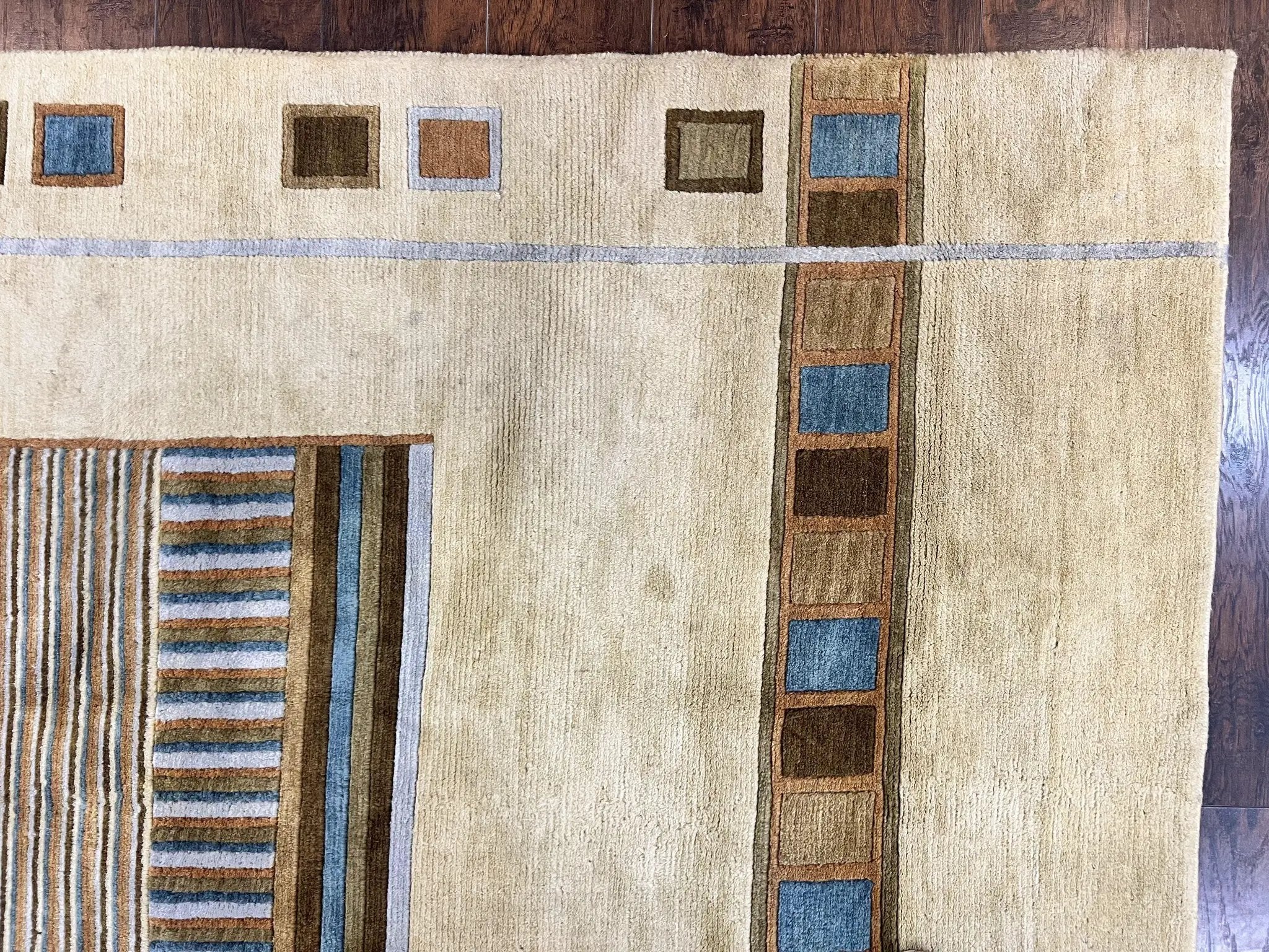 Tibetan Rug 5x8, Contemporary Rug 5 x 8 ft, Cream Brown Blue Hand-Knotted Wool w/ Silk Highlights Tibetan Carpet, Modern Rug by Jewel Rugs