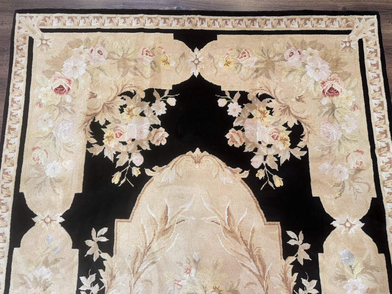 Chinese Aubusson Rug 6x9, Wool Pile, Black, Floral, Elegant by Jewel Rugs