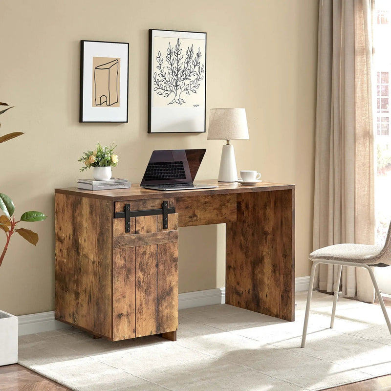 Home Office Desk One Cabinet Three Shelves Faux Barn Door On Metal Euro Hinges Modesty Panel - Distressed Wood by Unique Piece Furniture