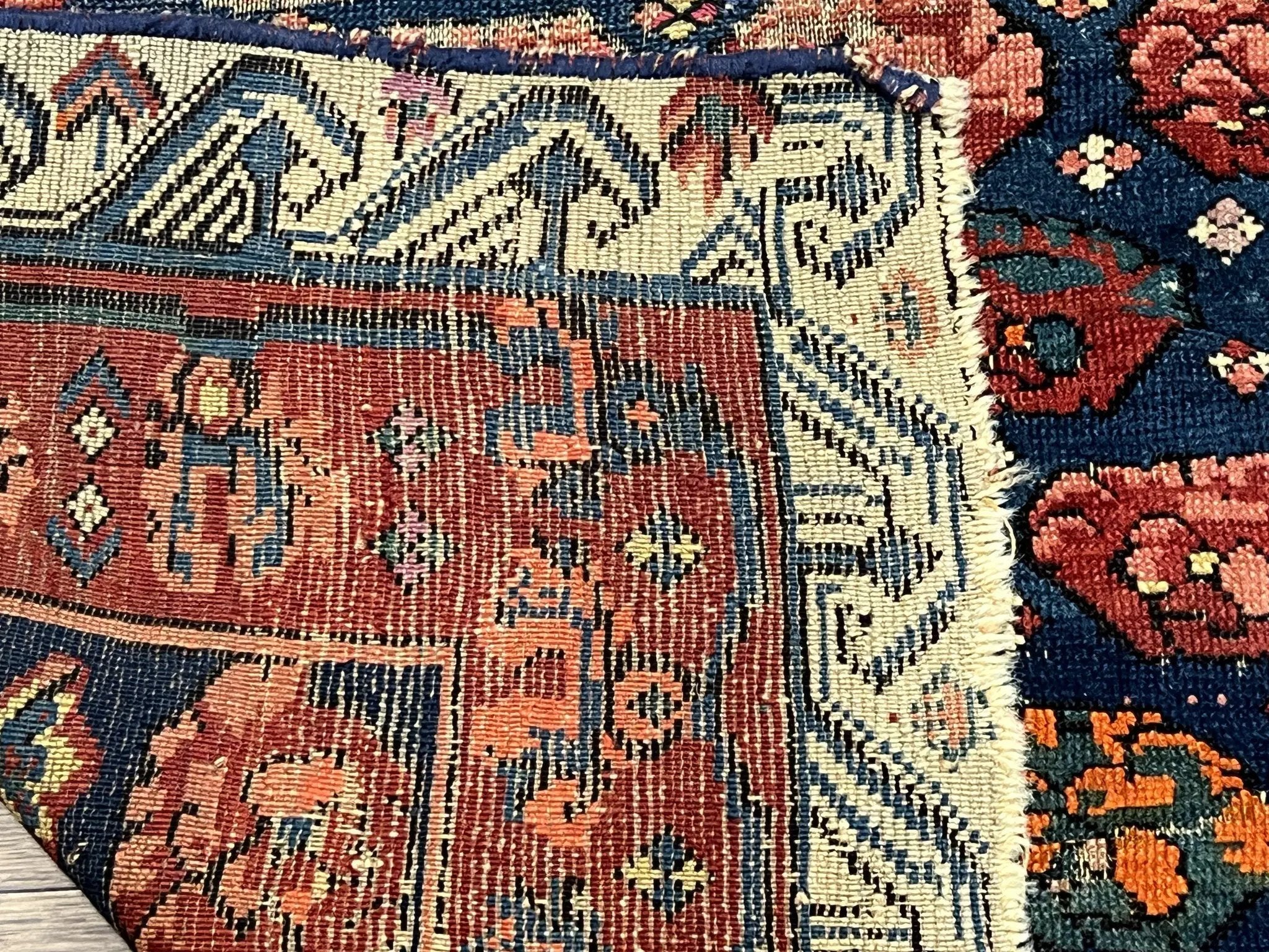 Antique Seychour Rug 4x7, Collectible Kuba Caucasian Carpet, Wool Handmade, Red Navy Blue Cream, Repeated Allover Motif, Early 20th Century by Jewel Rugs