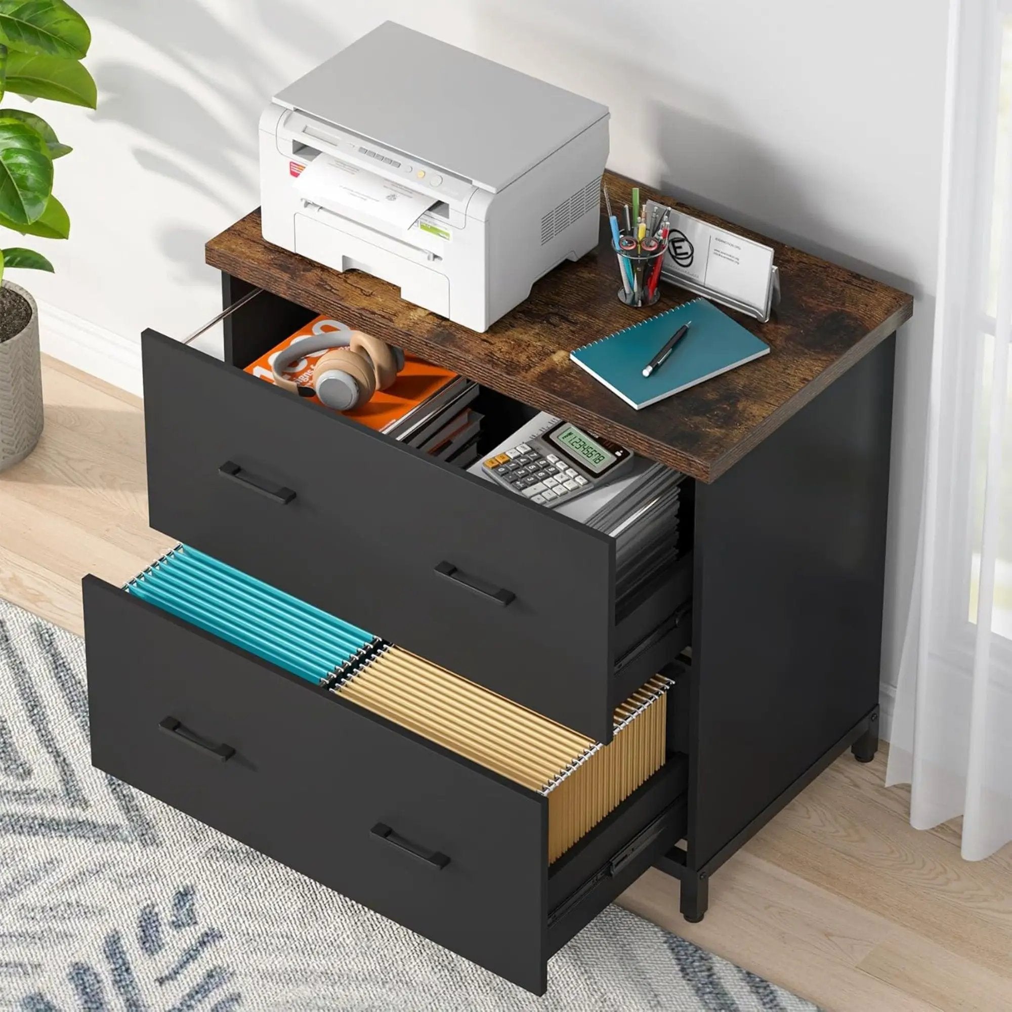 2 Drawer Lateral File Cabinet, A4 / Letter Size, Heavy Duty Storage For Home Office - Brown / Black by HouseOfZazla