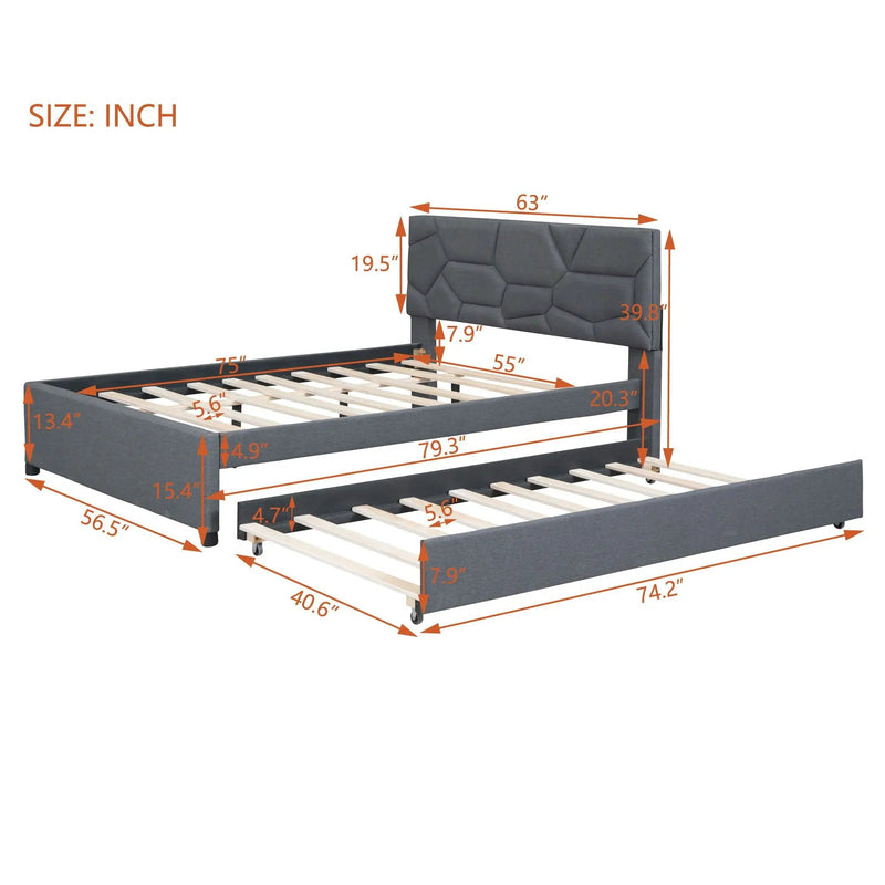 Upholstered Platform Bed With Brick Pattern Headboard And Twin Long Size Trundle by HouseOfZazla