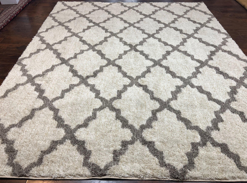 Modern Shag Rug, Ivory and Gray, Diamond Panel Design, Room Sized Area Rug by Jewel Rugs