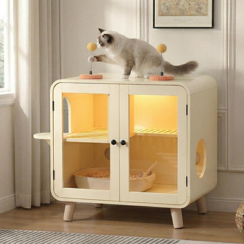 Cat Hidden Litter Box Enclosure with RGB LED Light and Glass Doors by HouseOfZazla