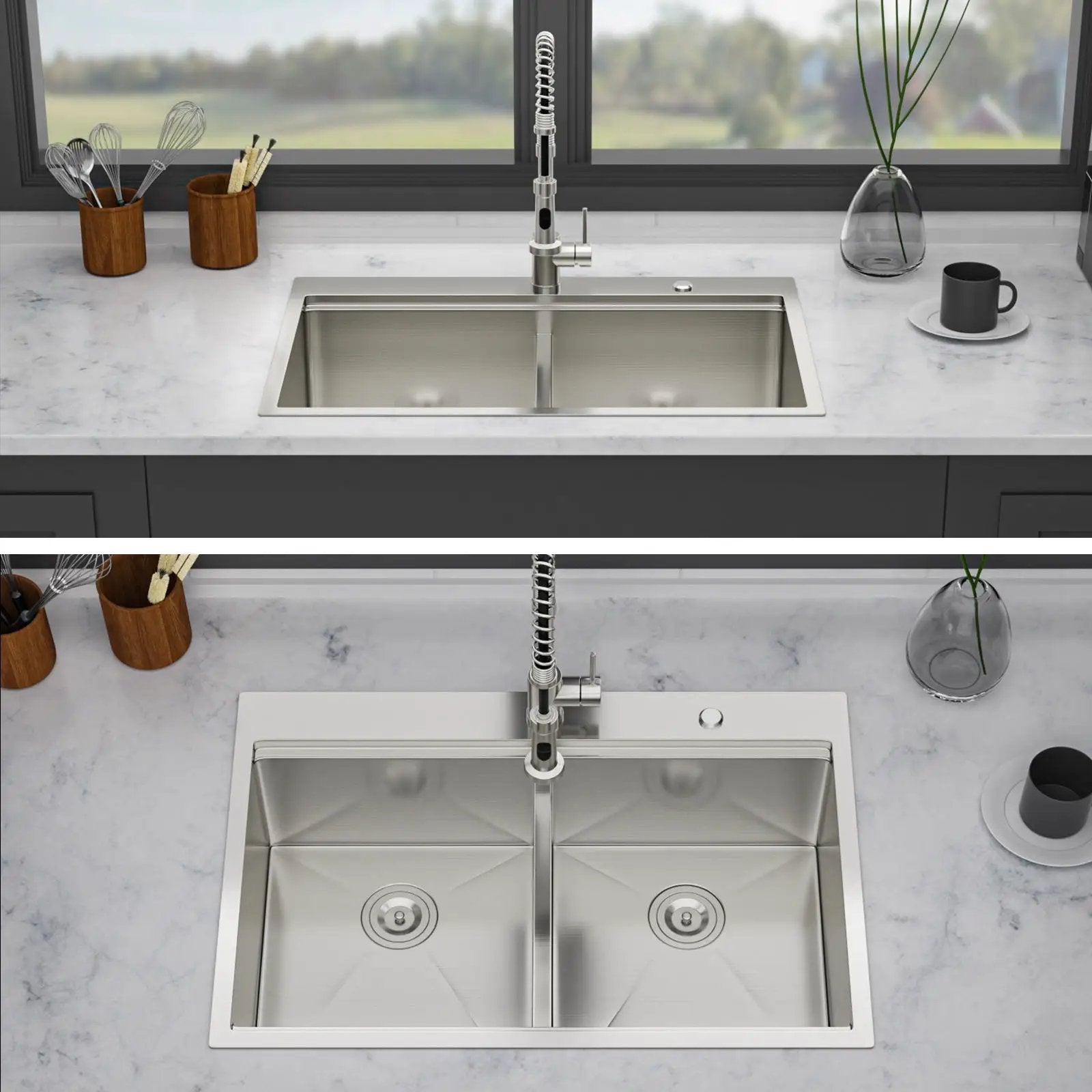 Topmount Drop In Kitchen Sink, Double Bowl Stainless Steel - Brushed Nickel by HouseOfZazla