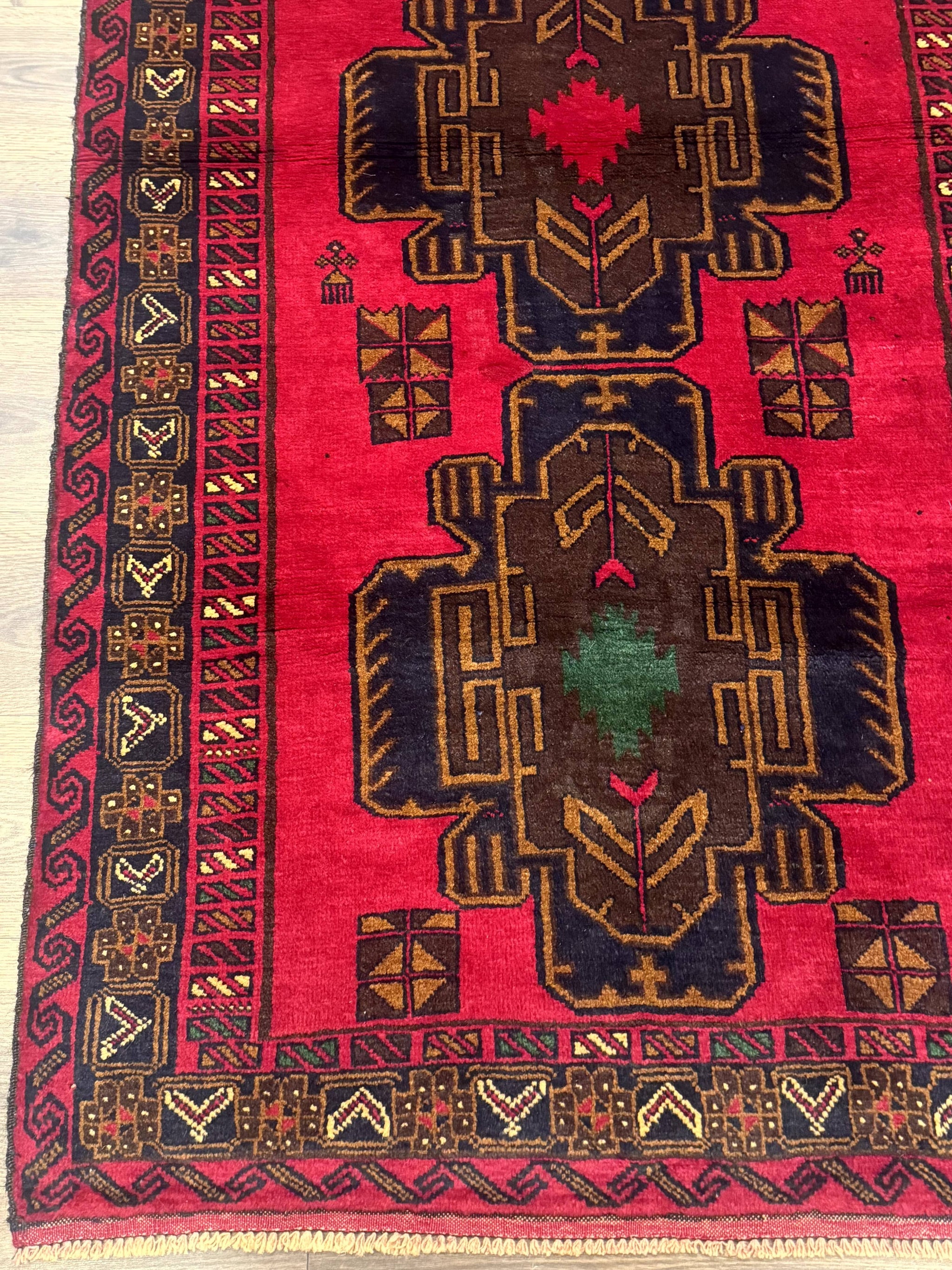 Red Afghan Balouch Rug 4x7, Triple Medallions, Handmade, New by Jewel Rugs