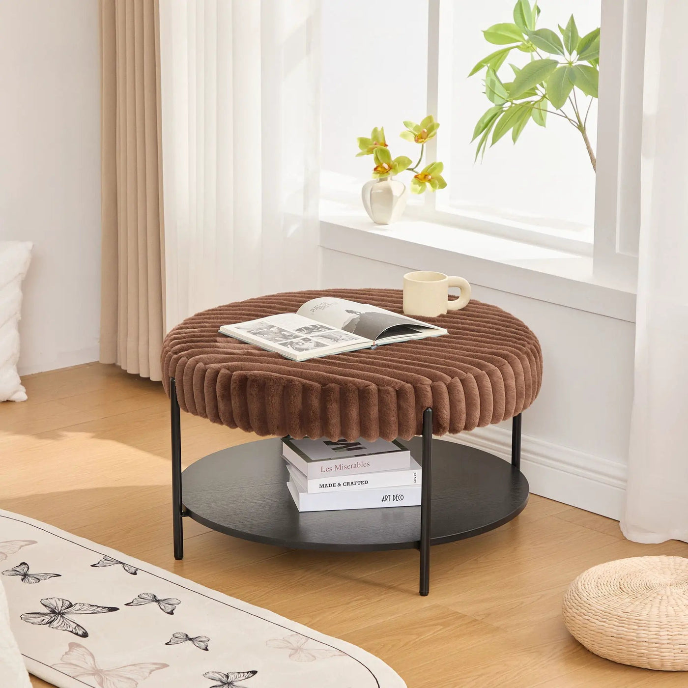 Modern Upholstered Round Ottoman Coffee Table With Storage Shelf by Unique Piece Furniture