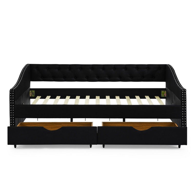 Upholstered Tufted Daybed With 2 Drawers, Waved Arms