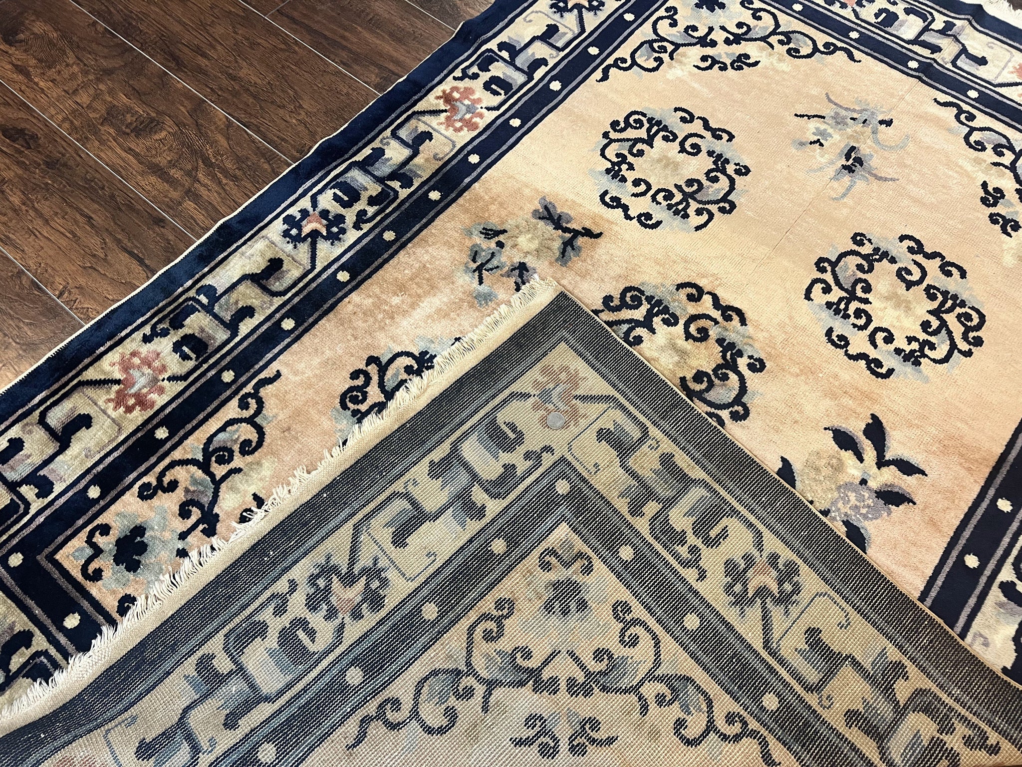 Chinese Peking Rug 4x6, Wool Hand Knotted Handmade Vintage Semi Antique Carpet, Semi Open Field, Light Peach & Navy Blue, Art Deco Rug by Jewel Rugs