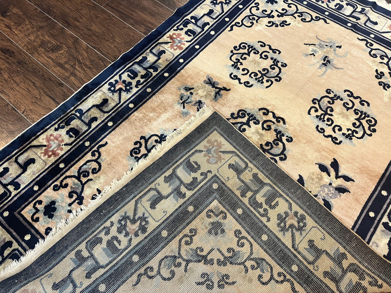Chinese Peking Rug 4x6, Wool Hand Knotted Handmade Vintage Semi Antique Carpet, Semi Open Field, Light Peach & Navy Blue, Art Deco Rug by Jewel Rugs