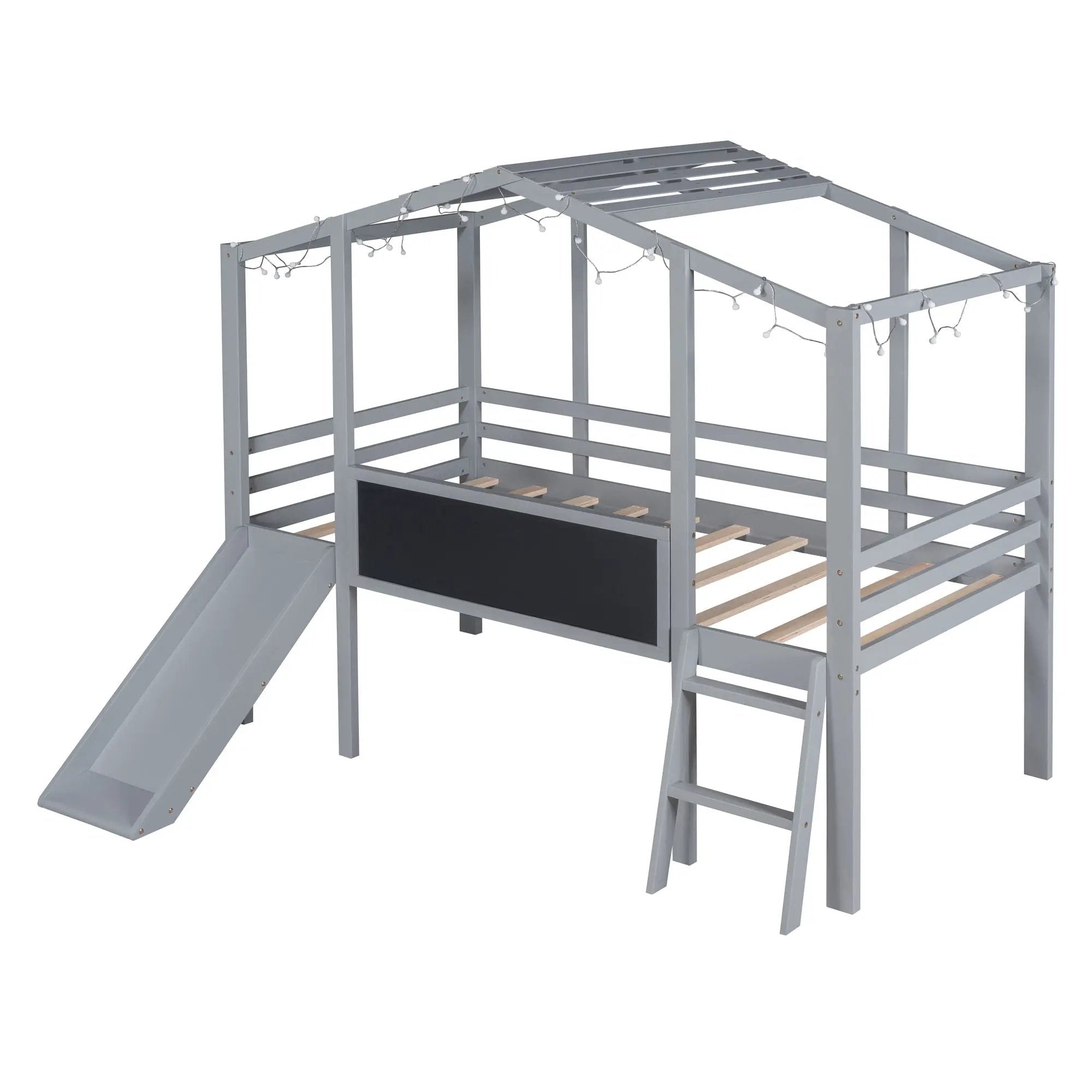 Loft House Bed With Ladder And Slide, With board And Light Strip On The Roof by HouseOfZazla