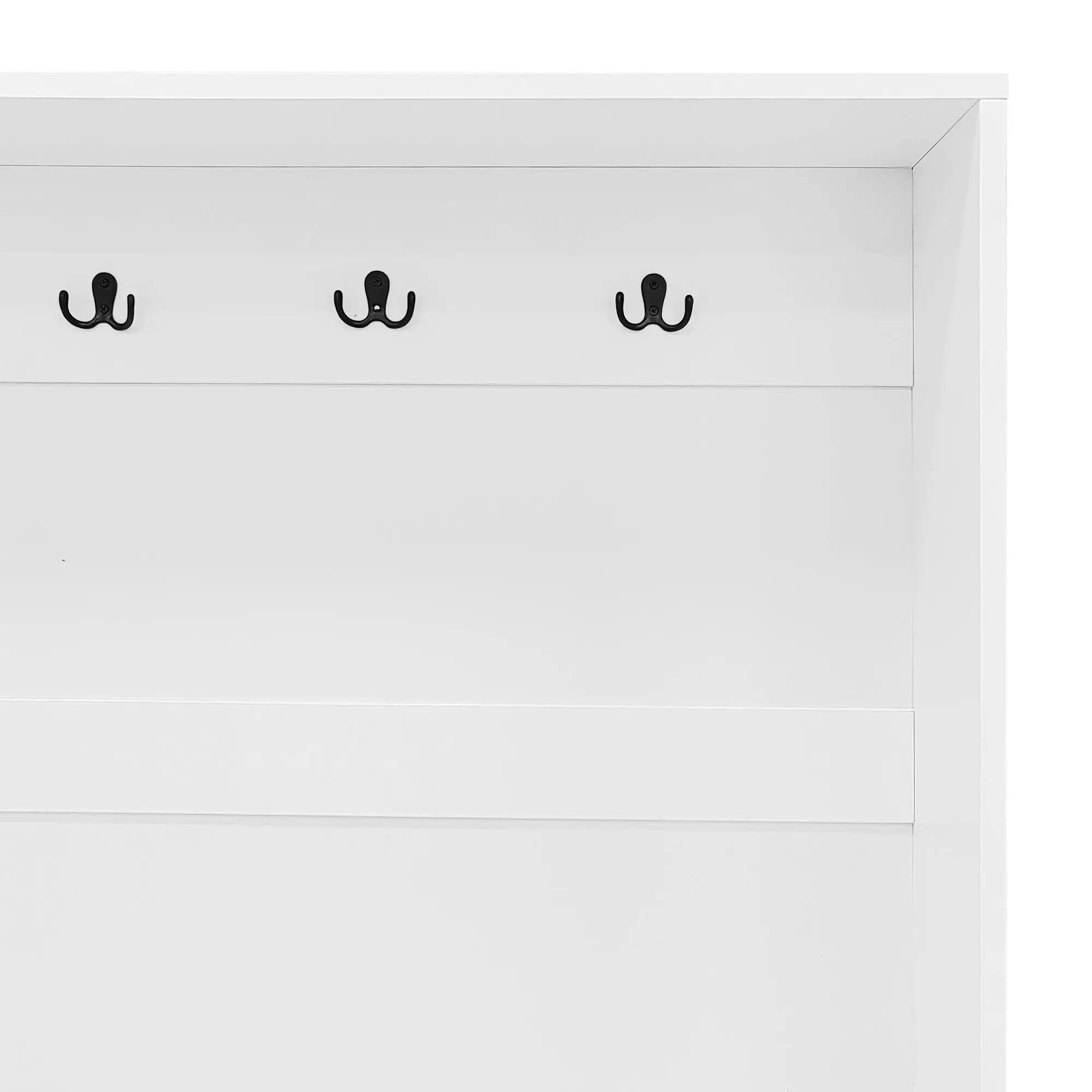Entryway Bench With Integrated Shoe Cabinet, 3 In 1 Design And Mirrored Cabinet Door, Hall Tree With 4 Sturdy Hooks And Foldable Seat For Entrance, Living Room - White by HouseOfZazla
