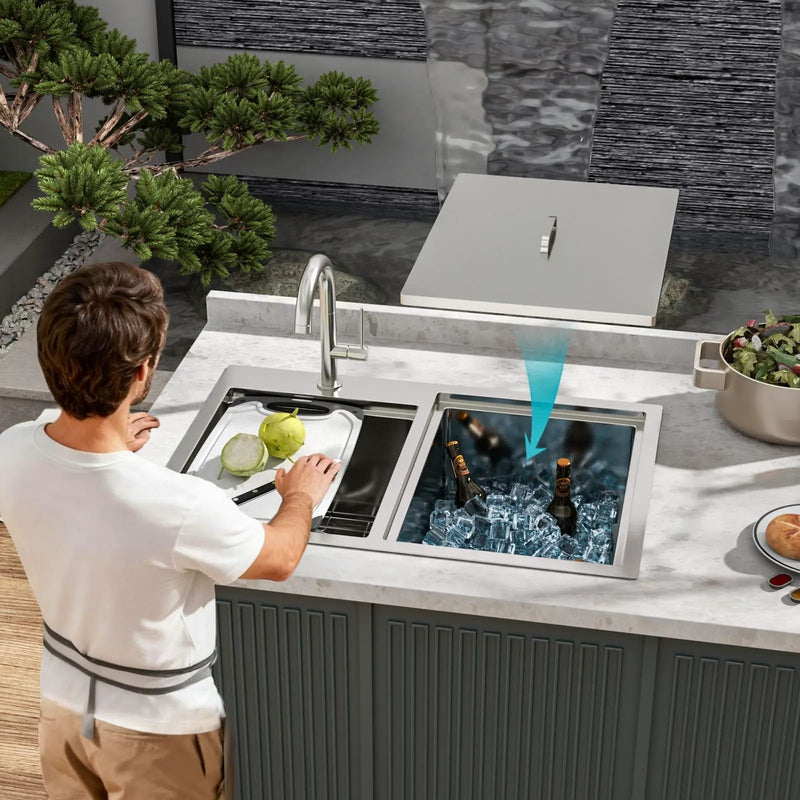 Outdoor Double Bowl Drop In Sink With Workstation - Brushed Nickel by HouseOfZazla