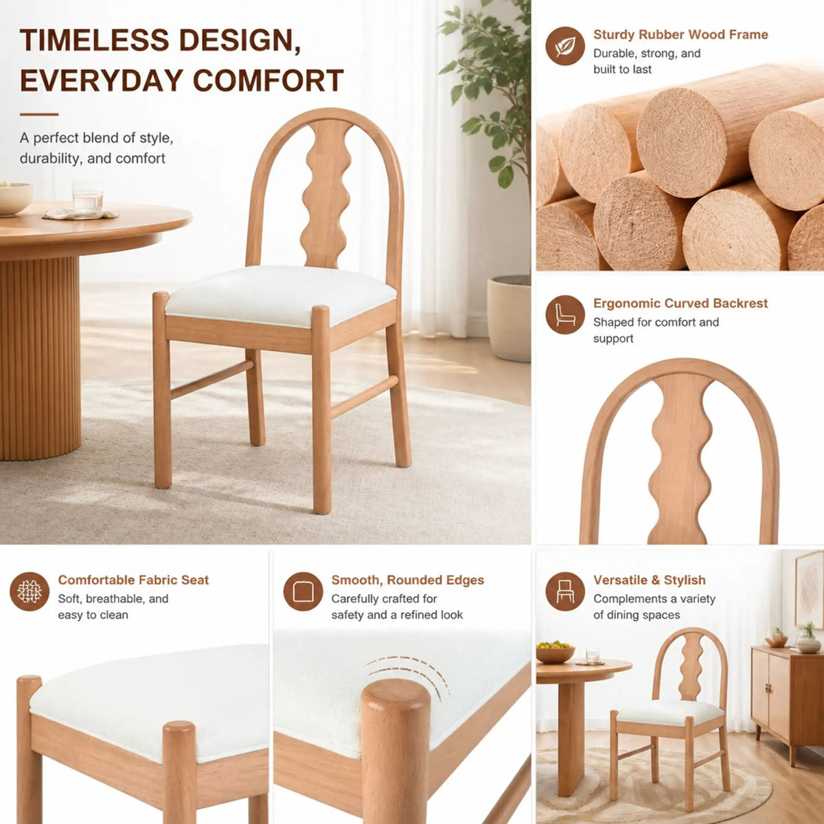 7-Piece Dining Table Set, 70" Solid Rubber Wood Dining Table with 6 Wave Back Dining Chairs by HouseOfZazla