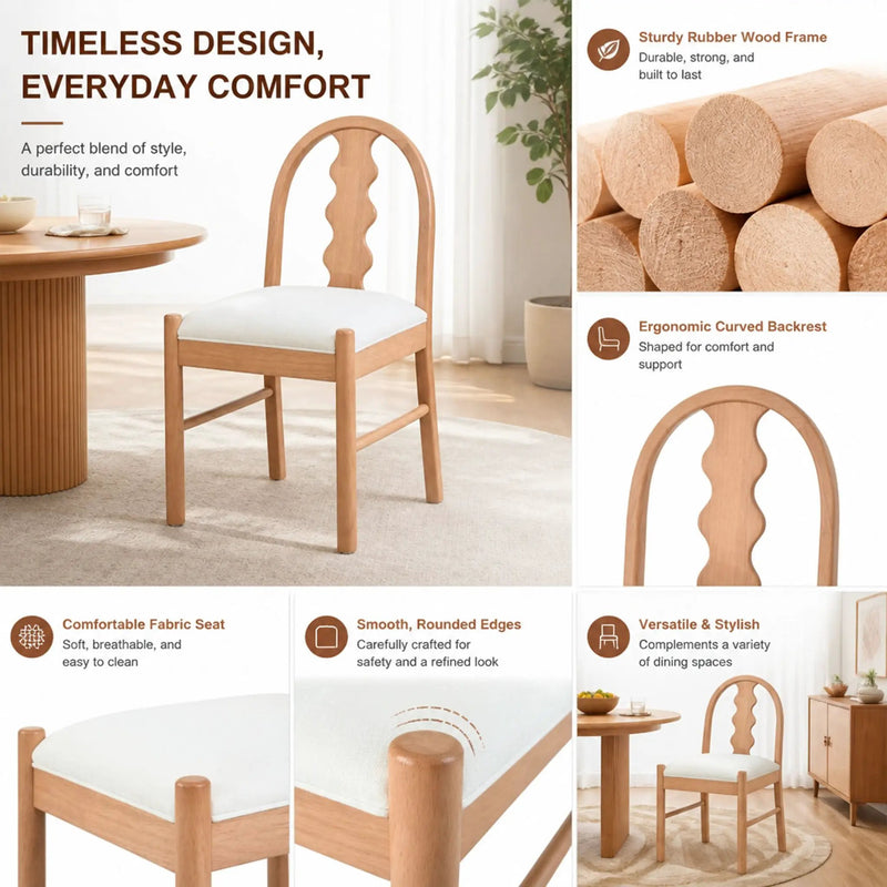 7-Piece Dining Table Set, 70" Solid Rubber Wood Dining Table with 6 Wave Back Dining Chairs by HouseOfZazla