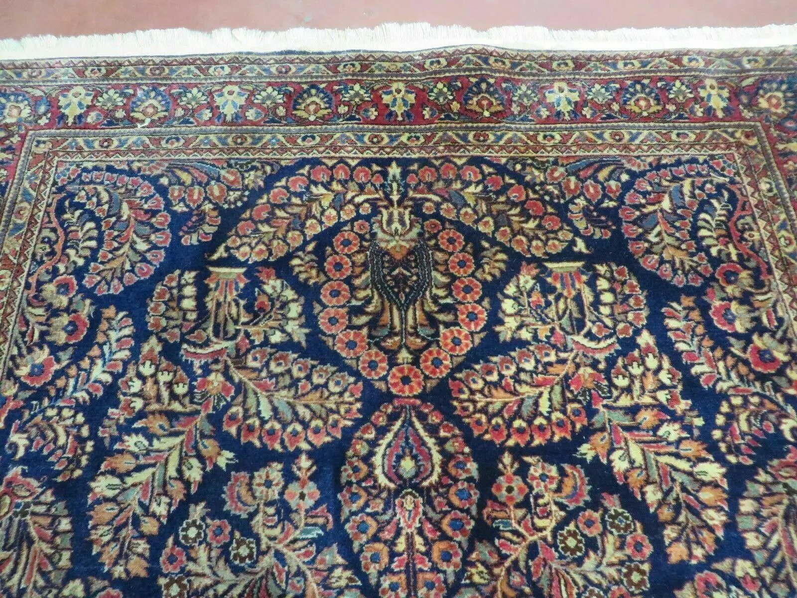 Antique Persian Sarouk Rug 4x6, Hand Knotted 1920s Oriental Carpet 4 x 6 ft, Navy Blue and Red Wool Rug, Handmade Floral Allover Persian Area Rug by Jewel Rugs
