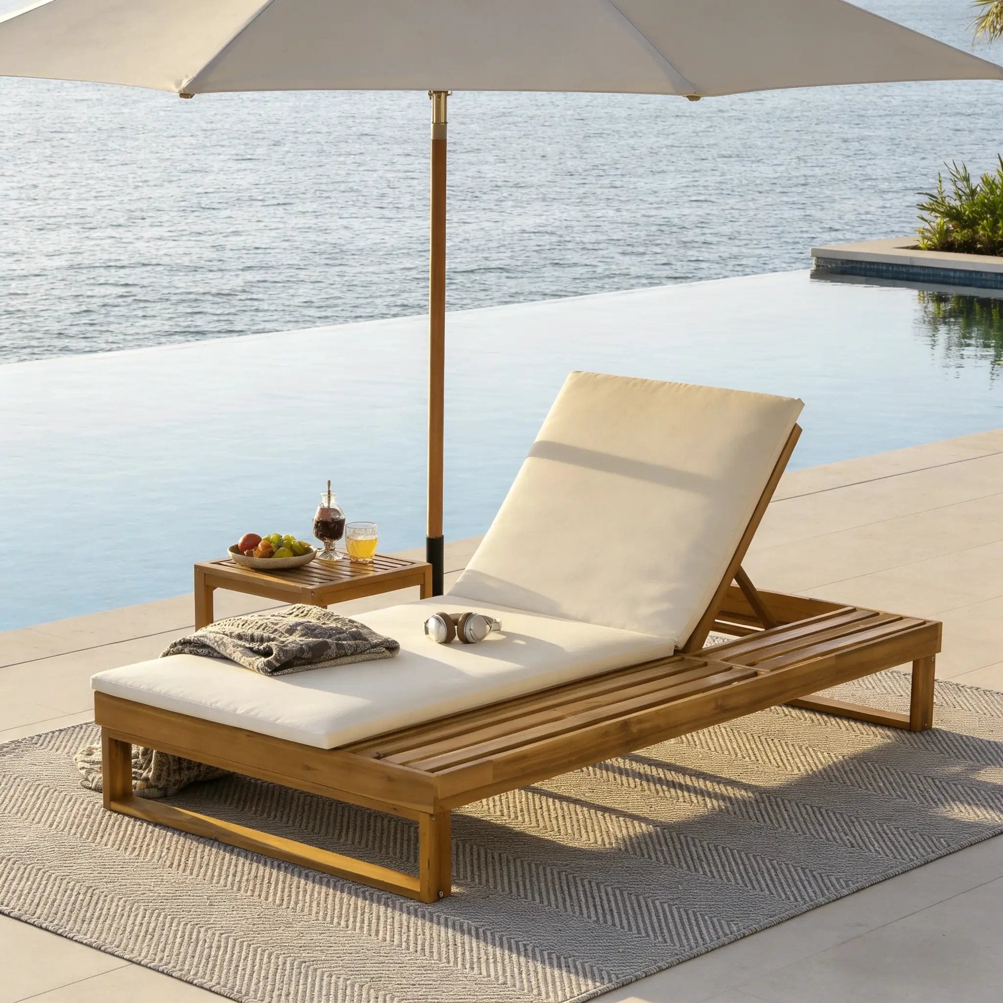 Teak Finish Acacia Wood Chaise Lounge with 1.57-Inch Cushion by HouseOfZazla