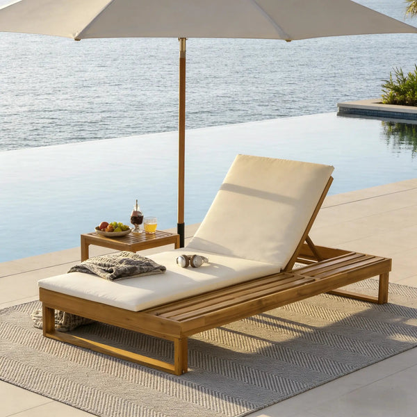Teak Finish Acacia Wood Chaise Lounge with 1.57-Inch Cushion