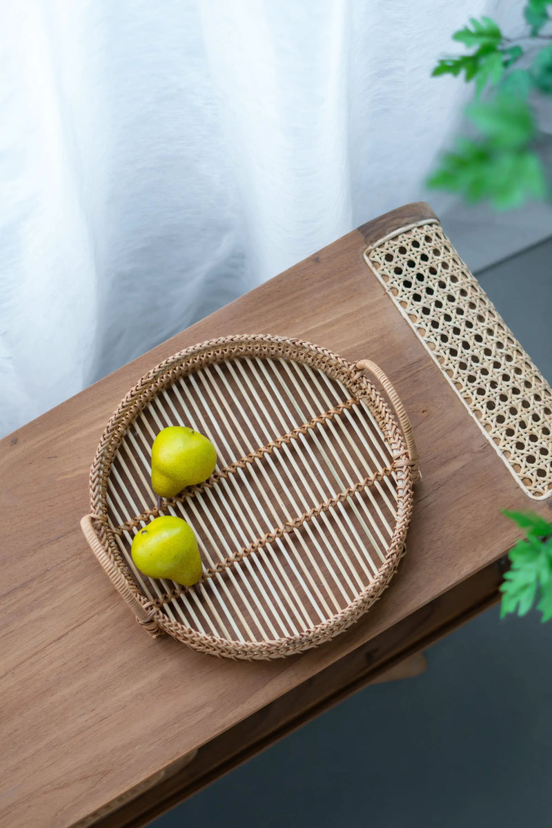 Set of 3 Round Decorative Brown Bamboo Woven Trays with Handles by HouseOfZazla