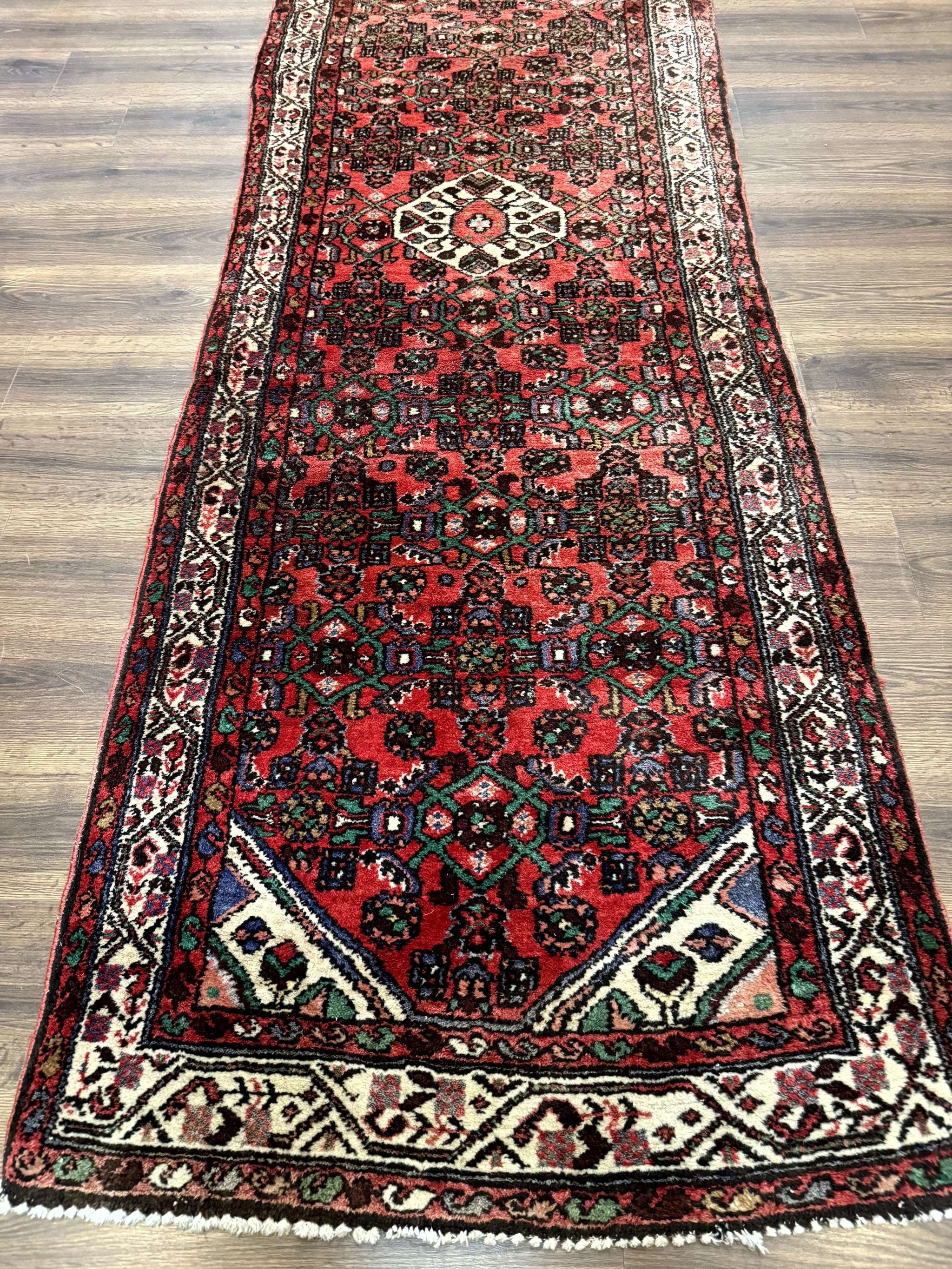 Persian Runner Rug 3x10, Wool Hand Knotted Hallway Rug 3 x 10 ft, Red and Ivory, Hamadan Angelas Runner by Jewel Rugs