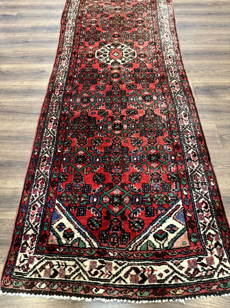 Persian Runner Rug 3x10, Wool Hand Knotted Hallway Rug 3 x 10 ft, Red and Ivory, Hamadan Angelas Runner by Jewel Rugs
