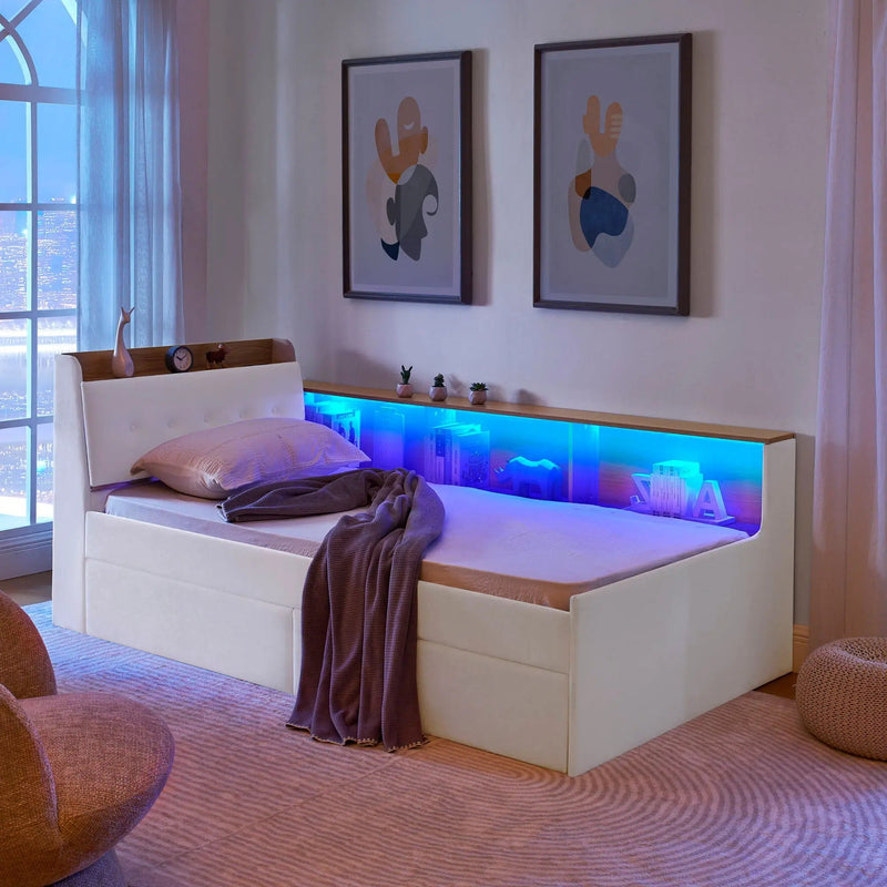 Upholstered Daybed With Storage Headboard, Wireless Charging, LED Lights by Unique Piece Furniture