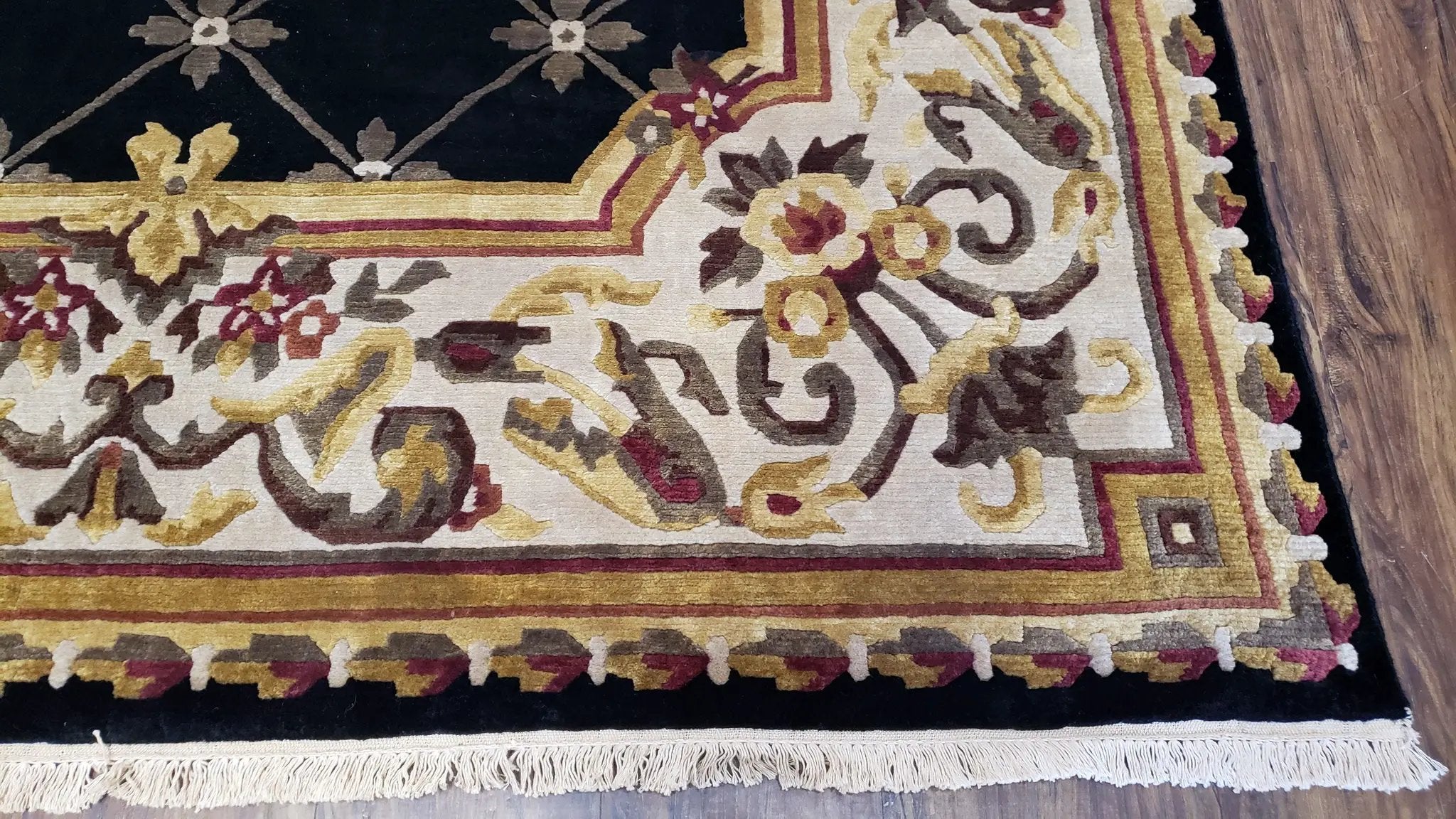 Nepal Rug 6x9, New Aubusson Nepalese Tibetan Carpet 6'1" x 8' 8", Hand-Knotted Wool, Unused, Black & Cream, Savonnerie Pattern, Soft Pile by Jewel Rugs