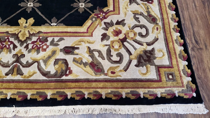 Nepal Rug 6x9, New Aubusson Nepalese Tibetan Carpet 6'1" x 8' 8", Hand-Knotted Wool, Unused, Black & Cream, Savonnerie Pattern, Soft Pile by Jewel Rugs