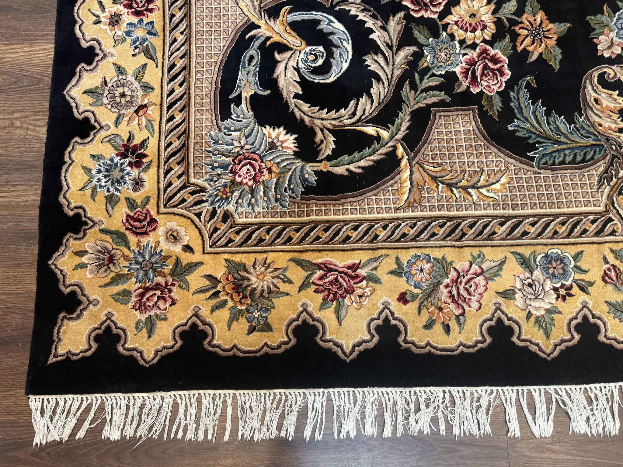 Aubusson Rug 9x12, Black and Beige, Floral, Elegant Handmade French European Design Carpet by Jewel Rugs