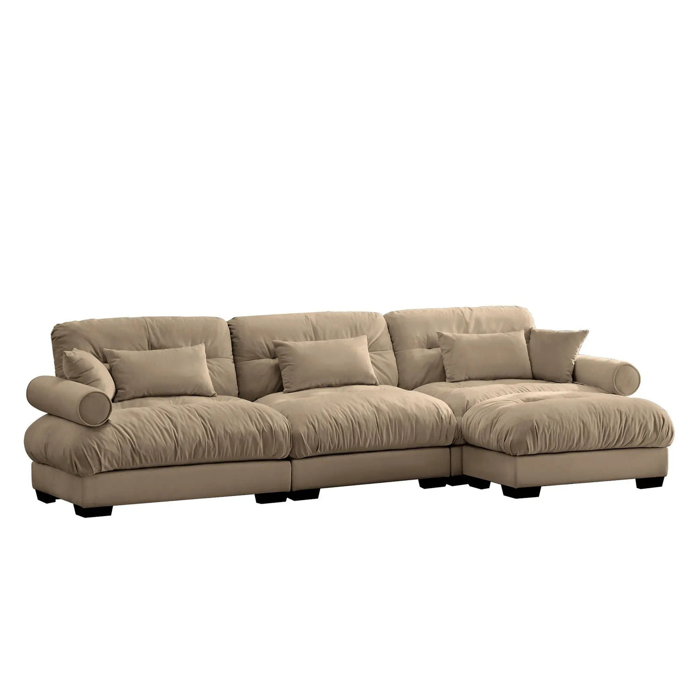 Modern Sectional Sofa With Ottoman, Round Bolster Armrests, Waist And Throw Pillows by HouseOfZazla