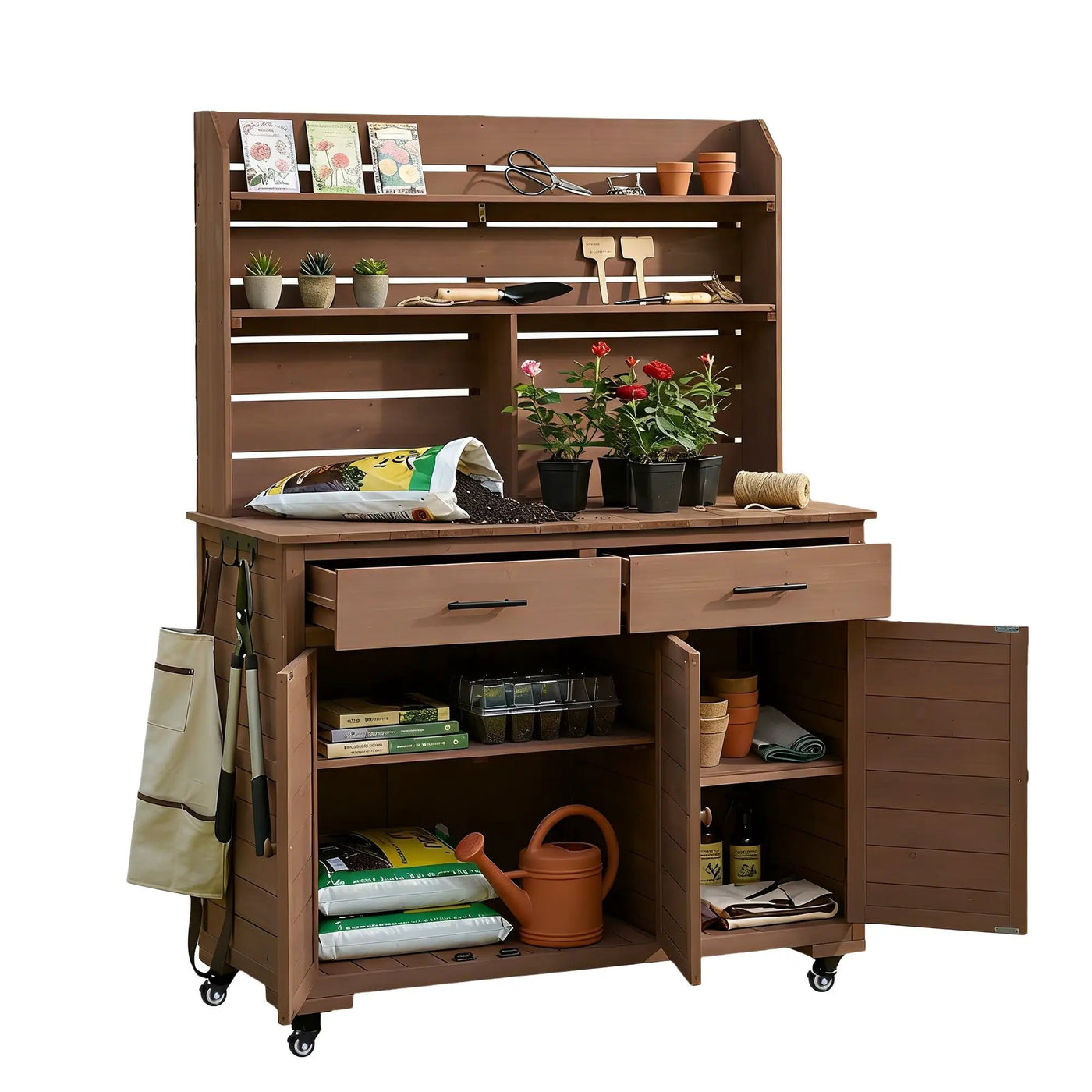 TOPMAX 65"H Large Garden Potting Bench with Storage and Lockable Wheels by HouseOfZazla