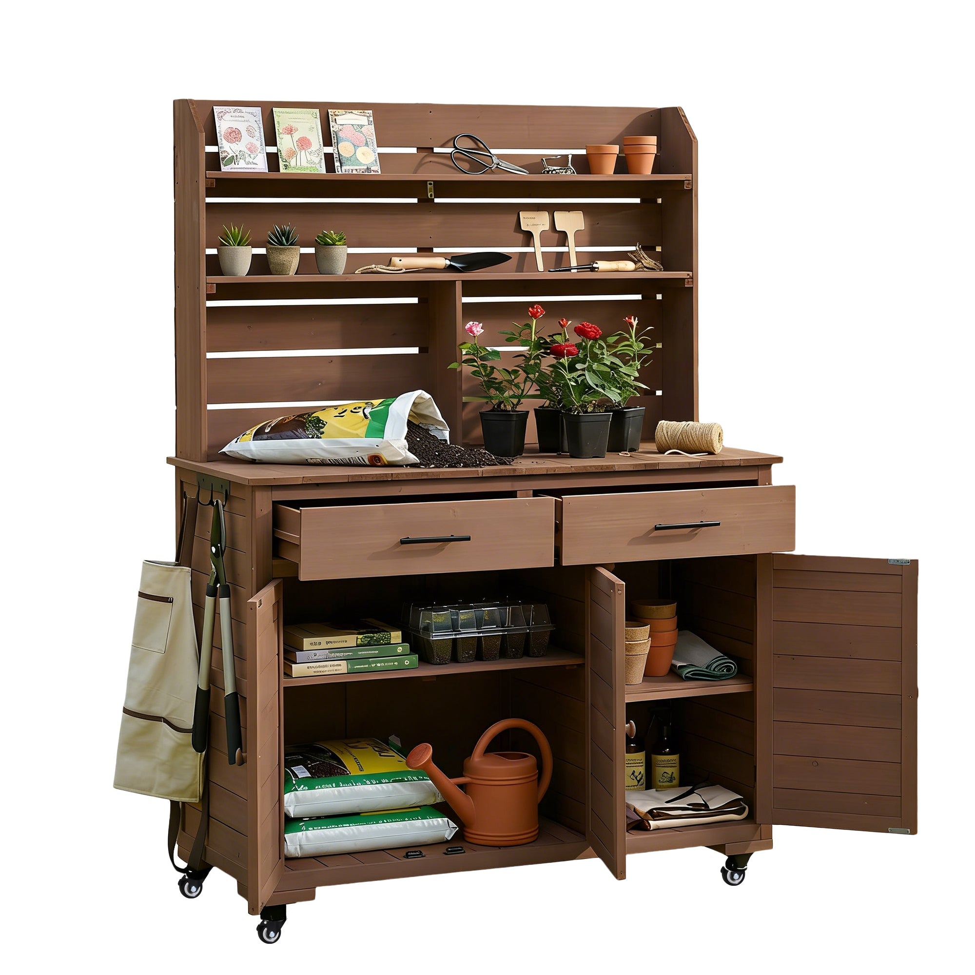 TOPMAX 65"H Large Garden Potting Bench with Storage and Lockable Wheels by HouseOfZazla
