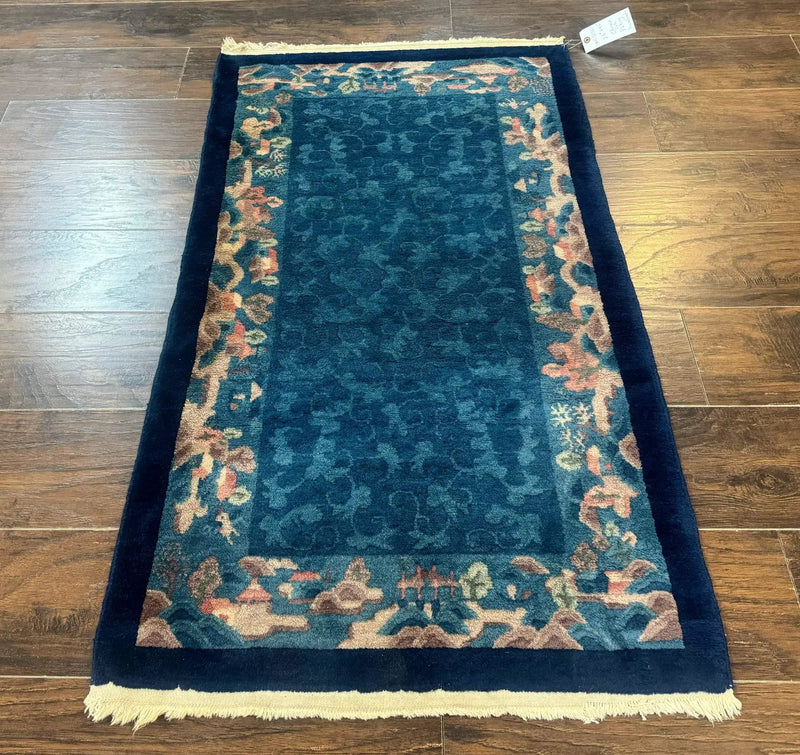 Blue Chinese Wool Rug 2.5 x 4, Peking Rug, Fete Rug, Semi Antique Chinese Carpet by Jewel Rugs