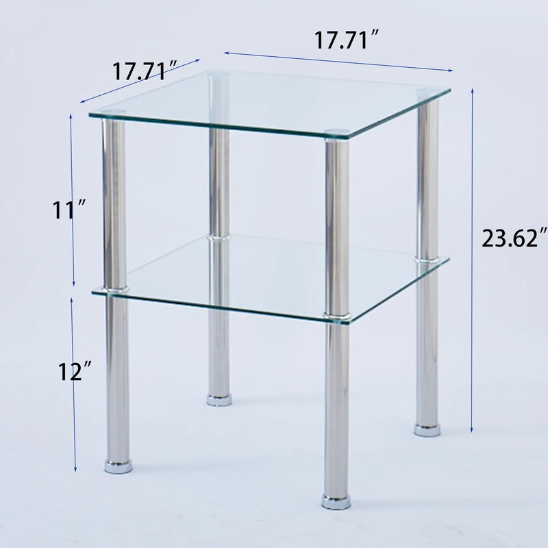 Modern 2 Piece Side Table With Storage Shelf, Tempered Glass, Space Saving Design - Clear by HouseOfZazla