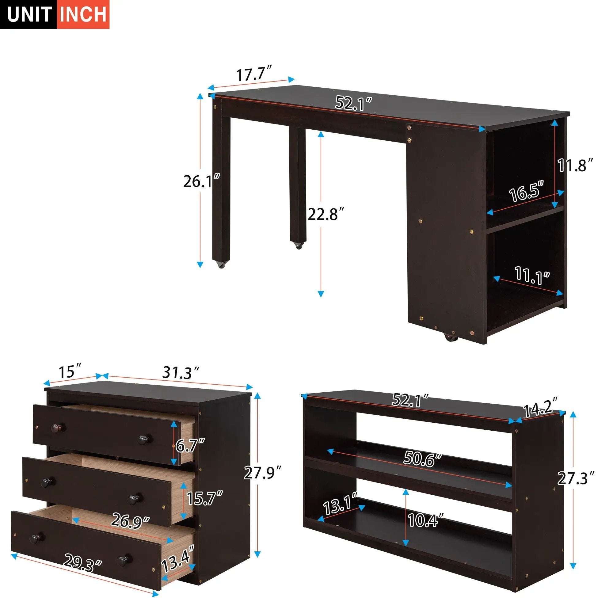 Loft Low Study Bed With Cabinet, Shelves And Rolling Portable Desk, Multiple Functions by HouseOfZazla