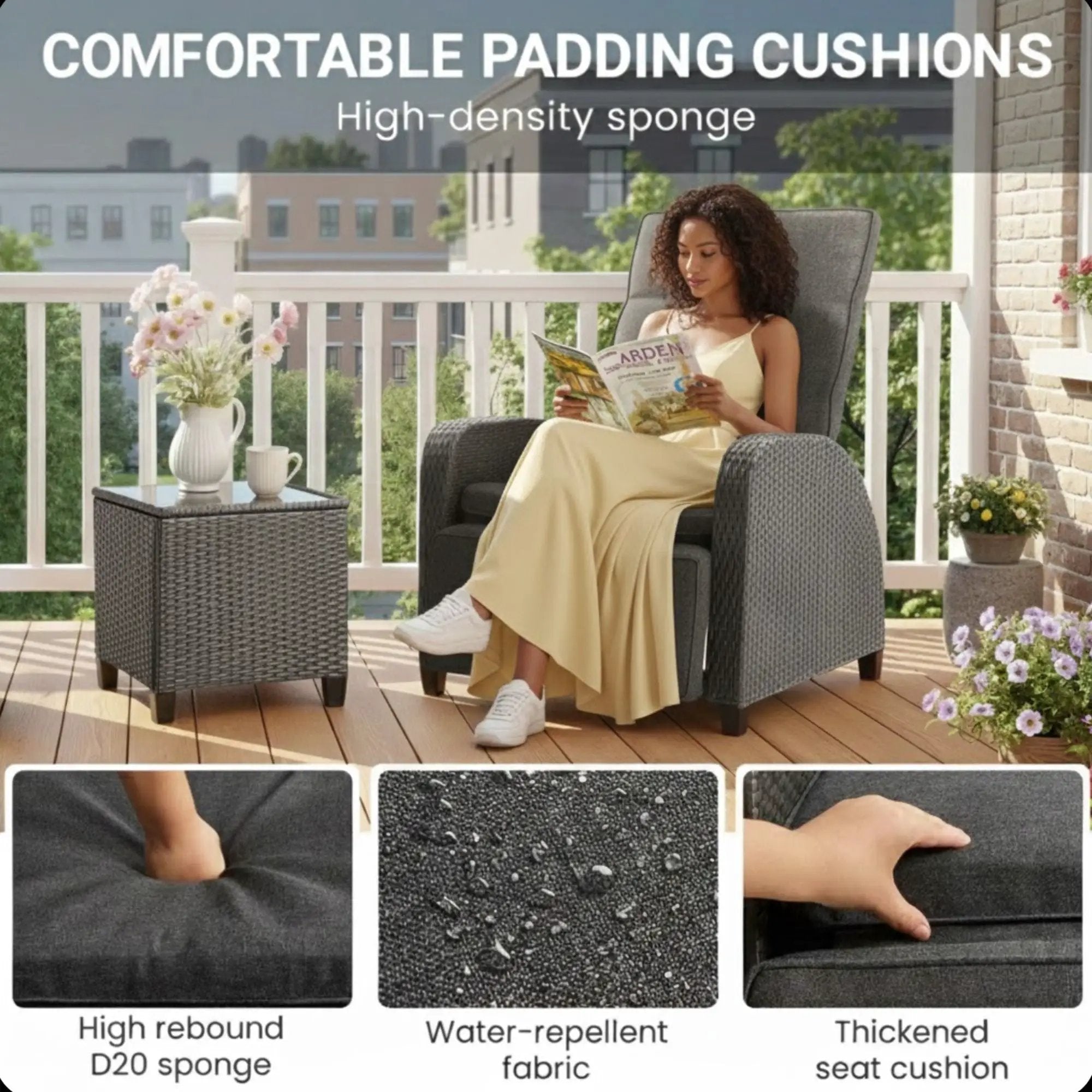 Adjustable Outdoor Lounge Chair, Plush Cushions & Extendable Footrest - Gray by HouseOfZazla