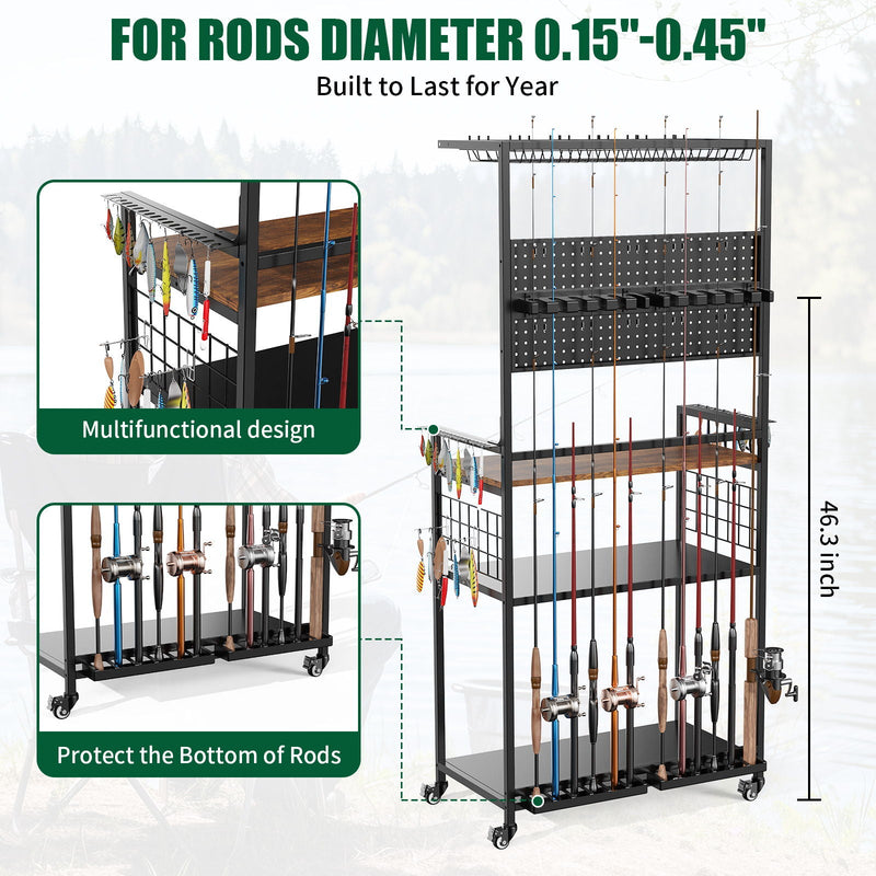 Fishing Rod Storage Rack With Pegboard, Rolling Tackle Organizer Cart - Black by HouseOfZazla
