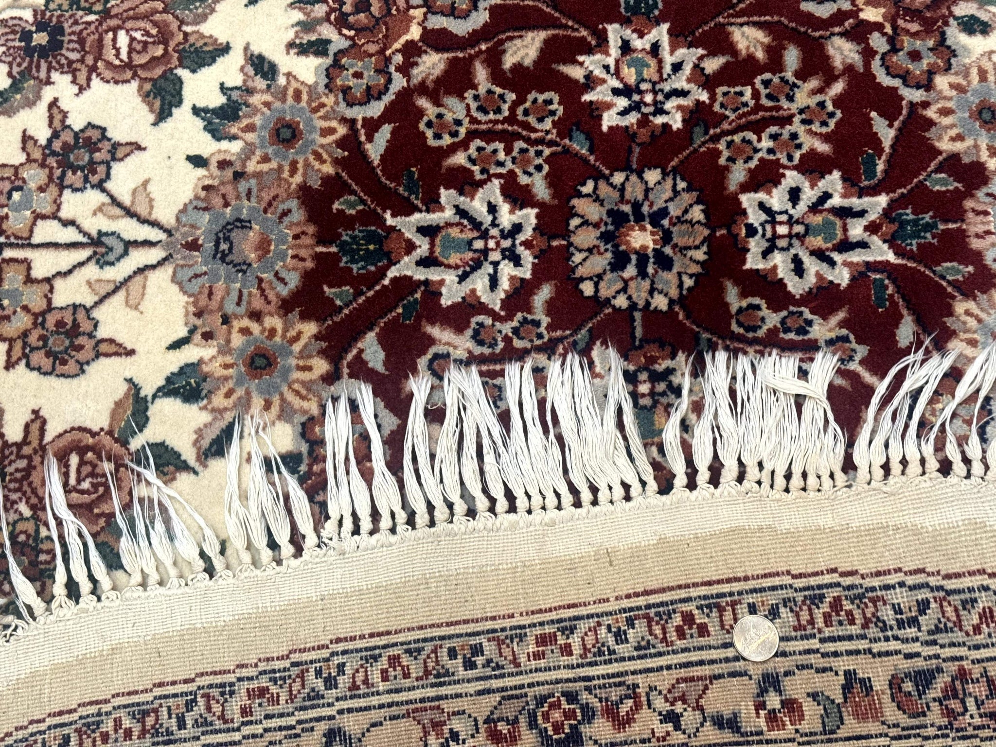 Round Sino Persian Rug 8x8, Wool and Silk, Floral Medallion, Ivory Dark Red by Jewel Rugs
