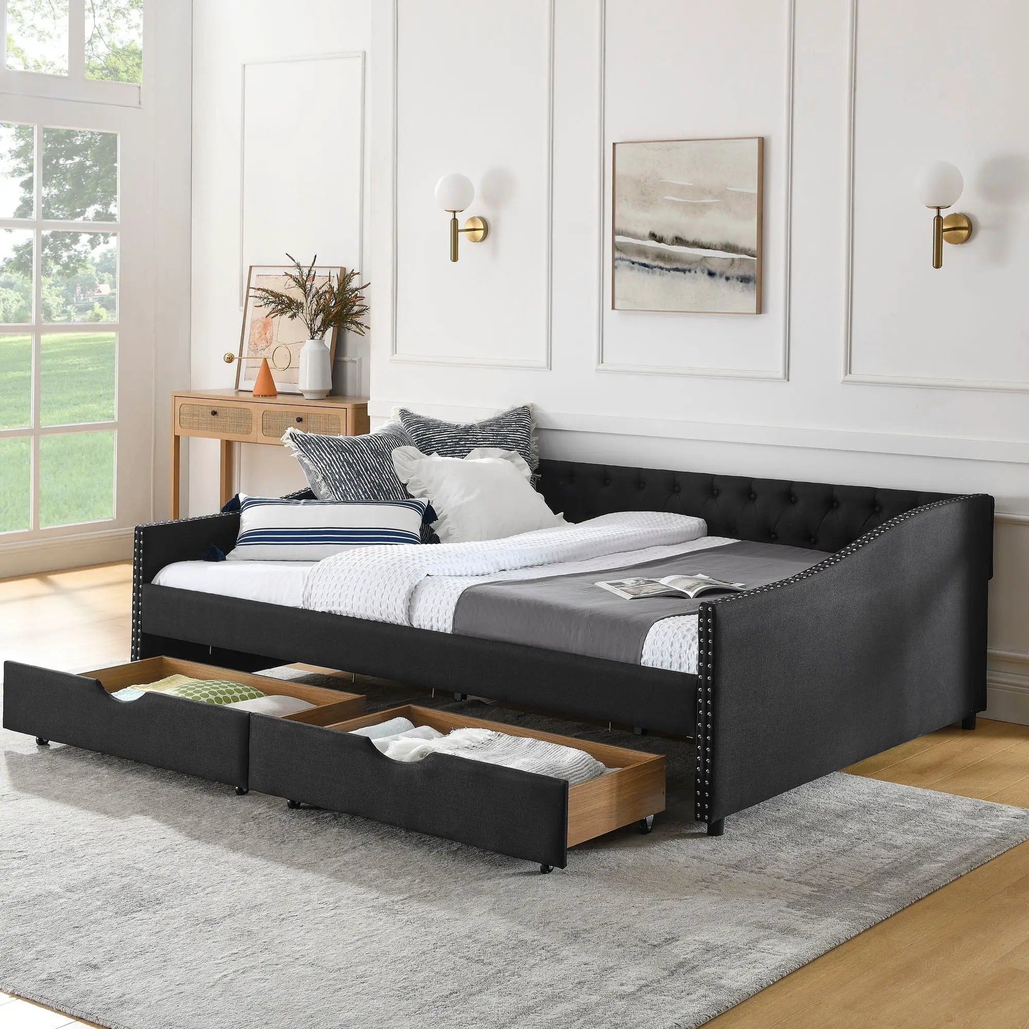 Upholstered Tufted Daybed With 2 Drawers, Waved Arms by Unique Piece Furniture