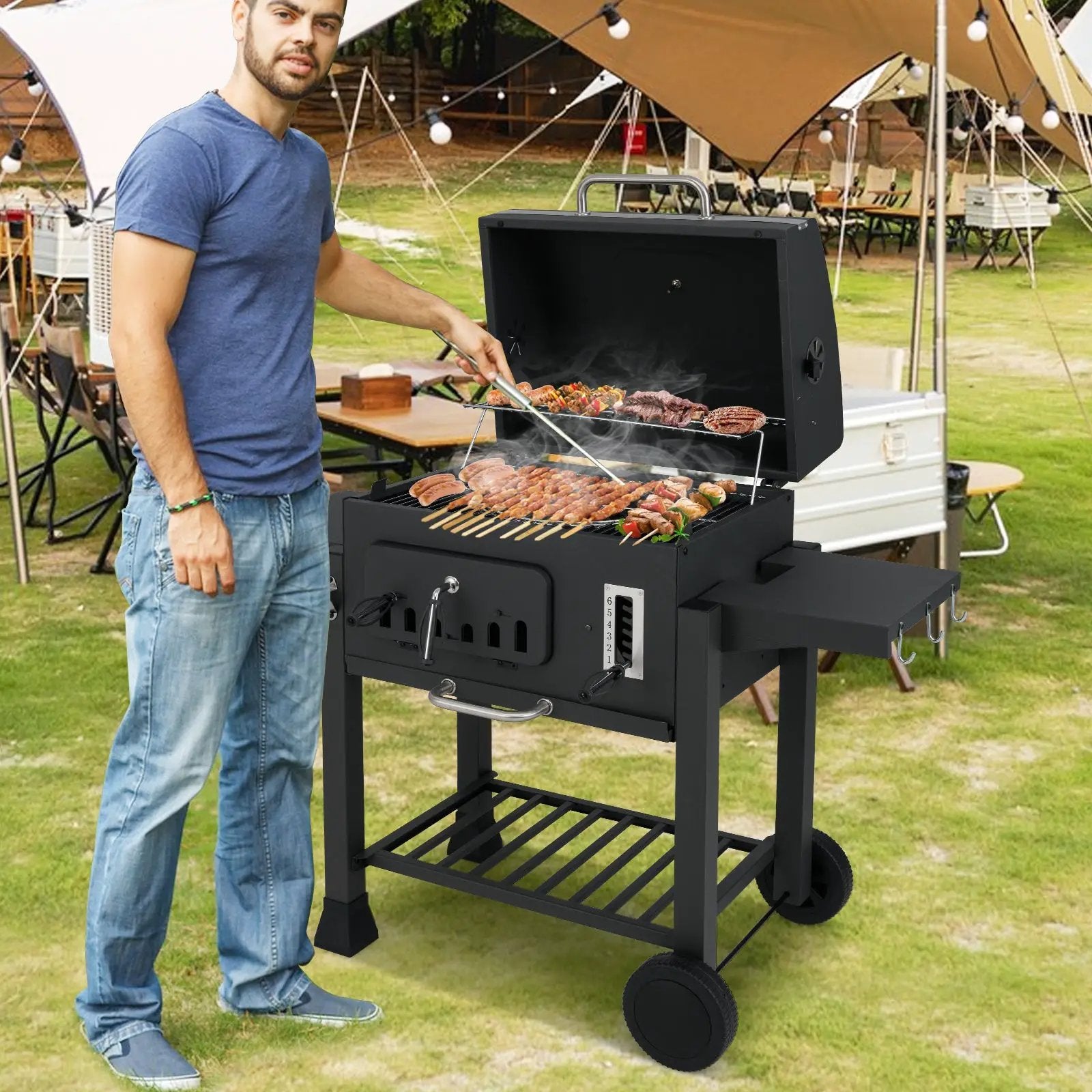 24-Inch Barrel Charcoal Grill with 2 Folding Side Tables and 544 sq.in Cooking Area by DirectDeals