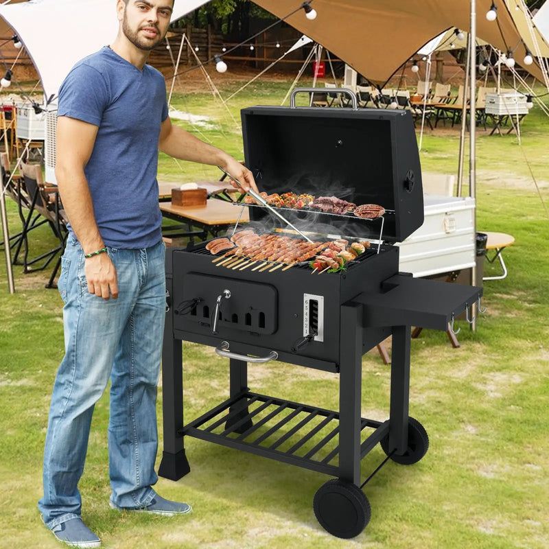 24-Inch Barrel Charcoal Grill with 2 Folding Side Tables and 544 sq.in Cooking Area by DirectDeals