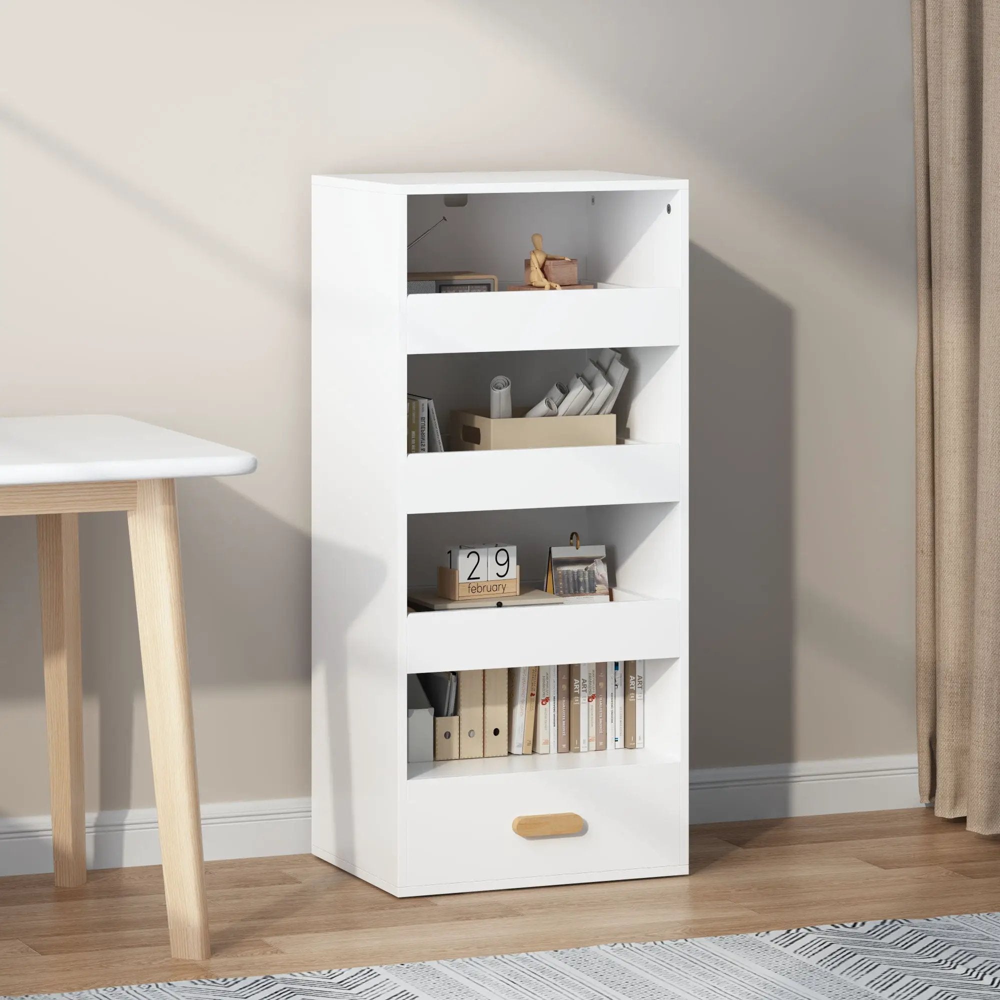 4 Tier Freestanding Bookshelf With 3 Sliding Drawers And 1 Bottom Drawer - White by HouseOfZazla