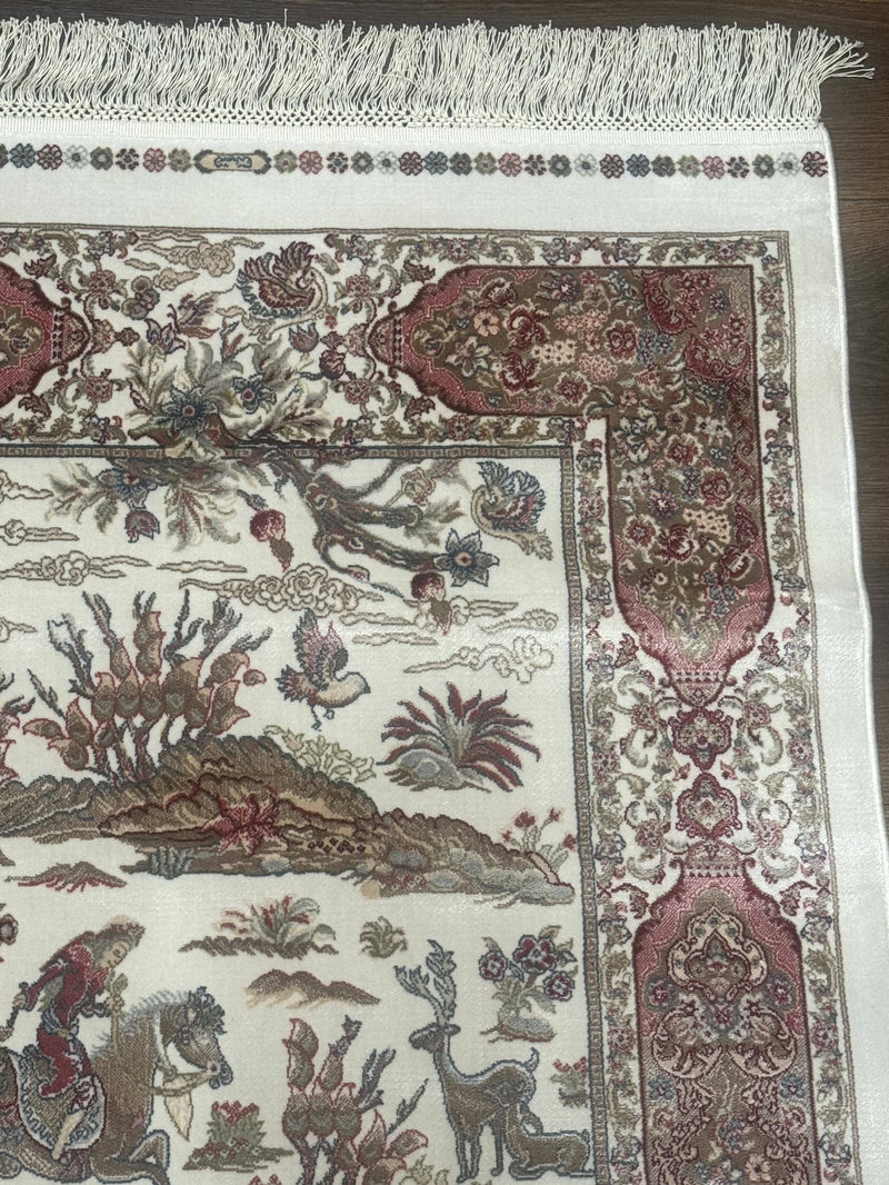 Turkish Silk Runner Rug 2.6 x 8, Hunting Design, Ivory, Bamboo Silk, New by Jewel Rugs