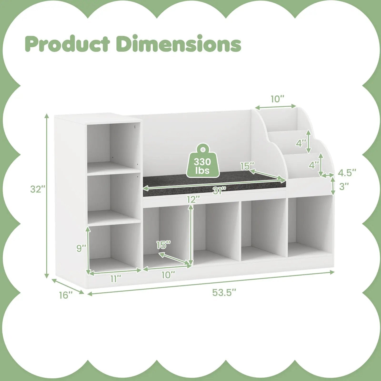 Kids Bookcase with Reading Nook 3-in-1 Standing Toy Organizer-White by DirectDeals