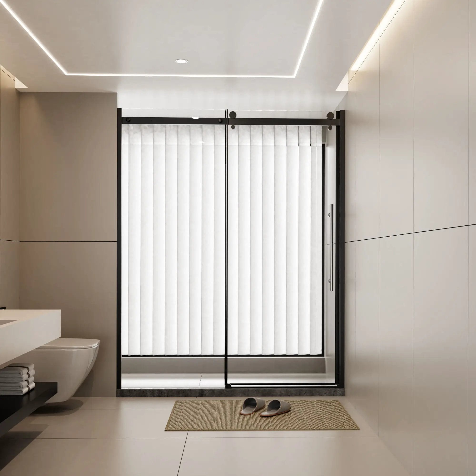 Frameless Shower Door Single Sliding, Clear Tempered Glass Shower Door With Zinc Roller Rail System, Stainless Steel Handle - Black by HouseOfZazla